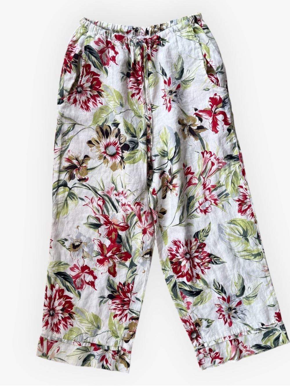 Flax Floral 100% Linen Cropped Wide Leg Boho Coastal Beach Pants Size Small